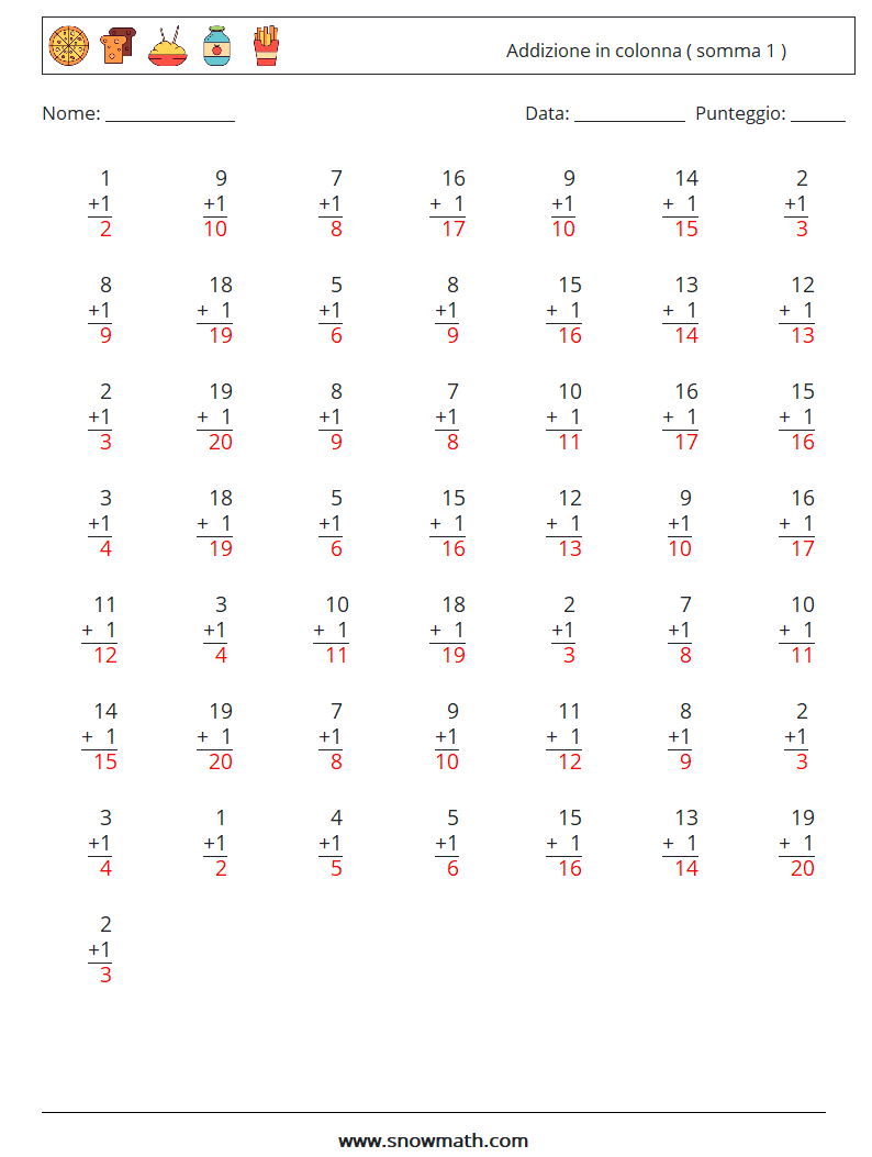 (50) Addizione in colonna ( somma 1 ) Fogli di lavoro di matematica 7 Domanda, Risposta