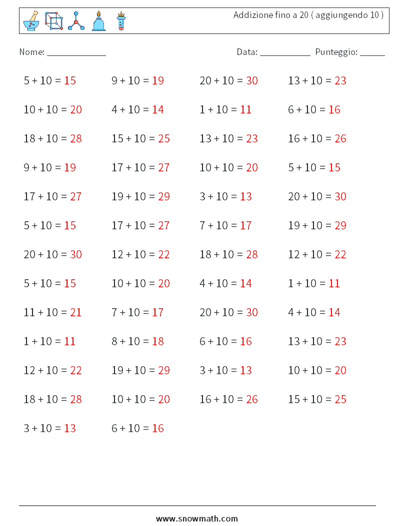 (50) Addizione fino a 20 ( aggiungendo 10 ) Fogli di lavoro di matematica 5 Domanda, Risposta