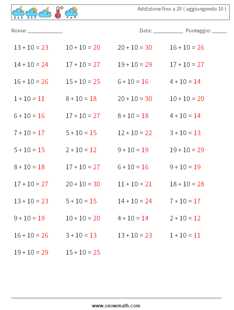 (50) Addizione fino a 20 ( aggiungendo 10 ) Fogli di lavoro di matematica 7 Domanda, Risposta