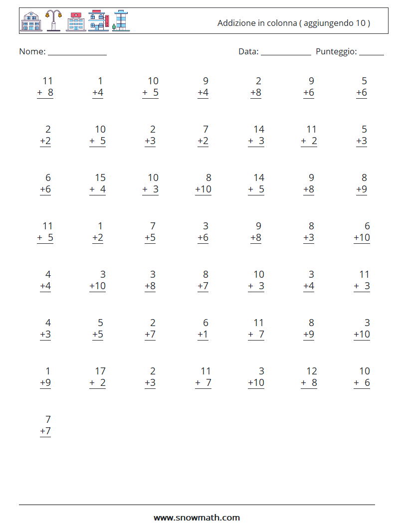 (50) Addizione in colonna ( aggiungendo 10 ) Fogli di lavoro di matematica 1