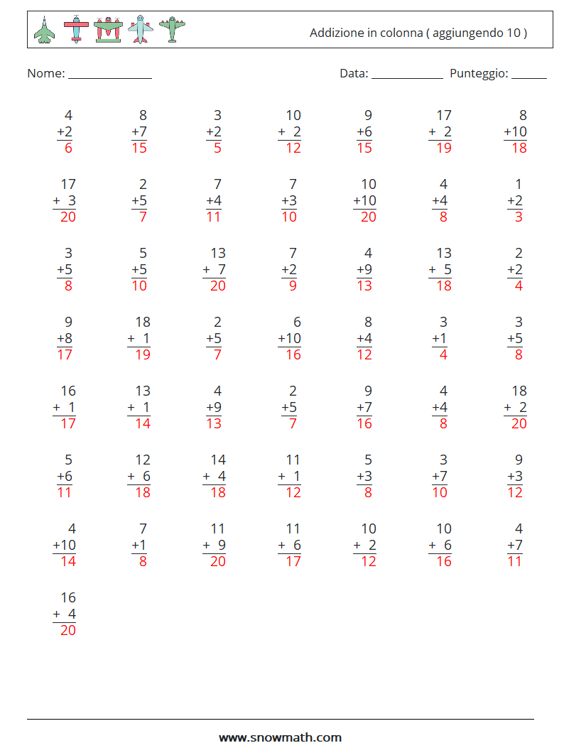 (50) Addizione in colonna ( aggiungendo 10 ) Fogli di lavoro di matematica 3 Domanda, Risposta