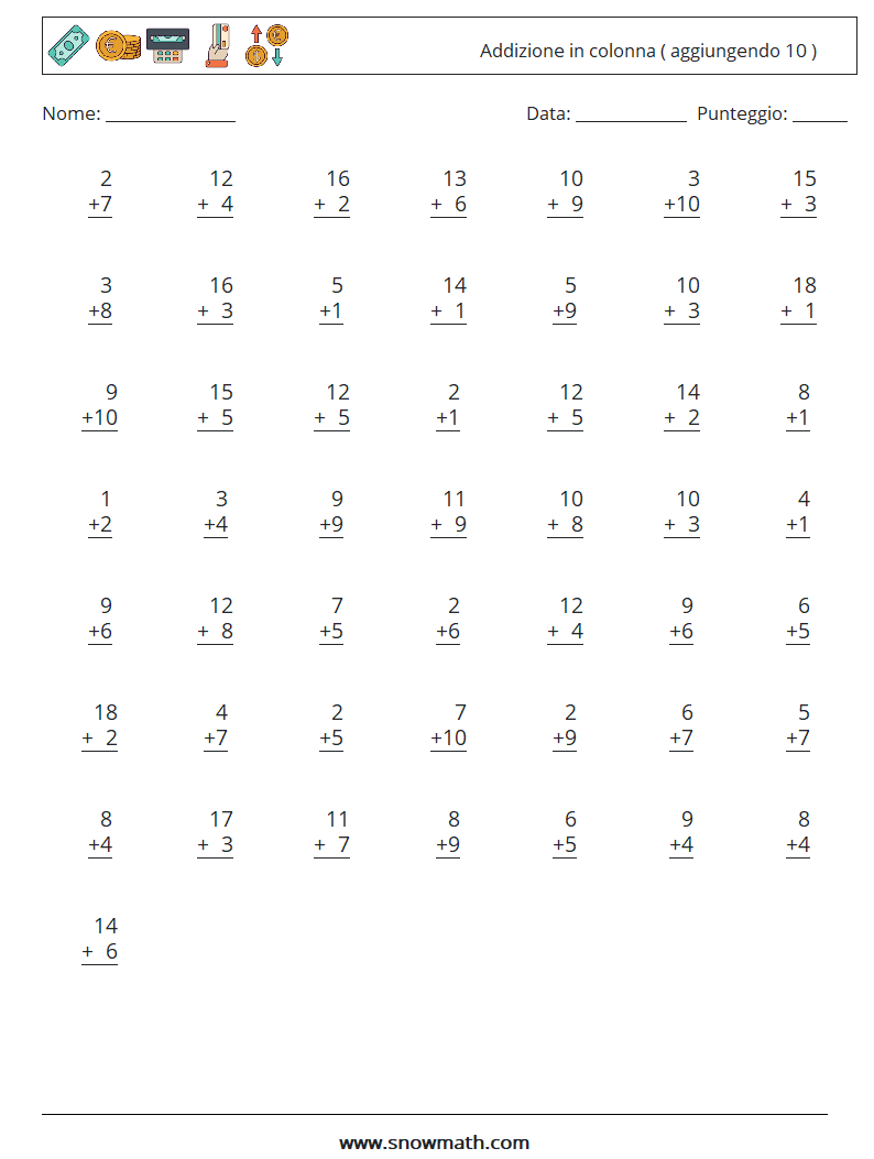 (50) Addizione in colonna ( aggiungendo 10 ) Fogli di lavoro di matematica 6