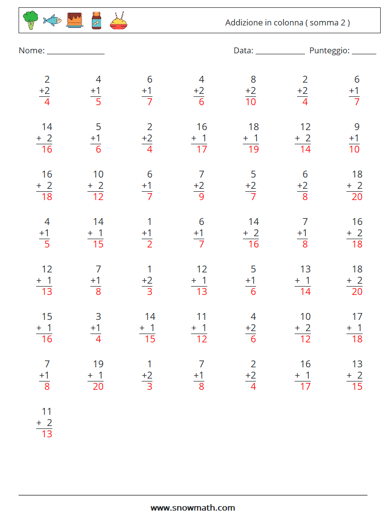(50) Addizione in colonna ( somma 2 ) Fogli di lavoro di matematica 12 Domanda, Risposta