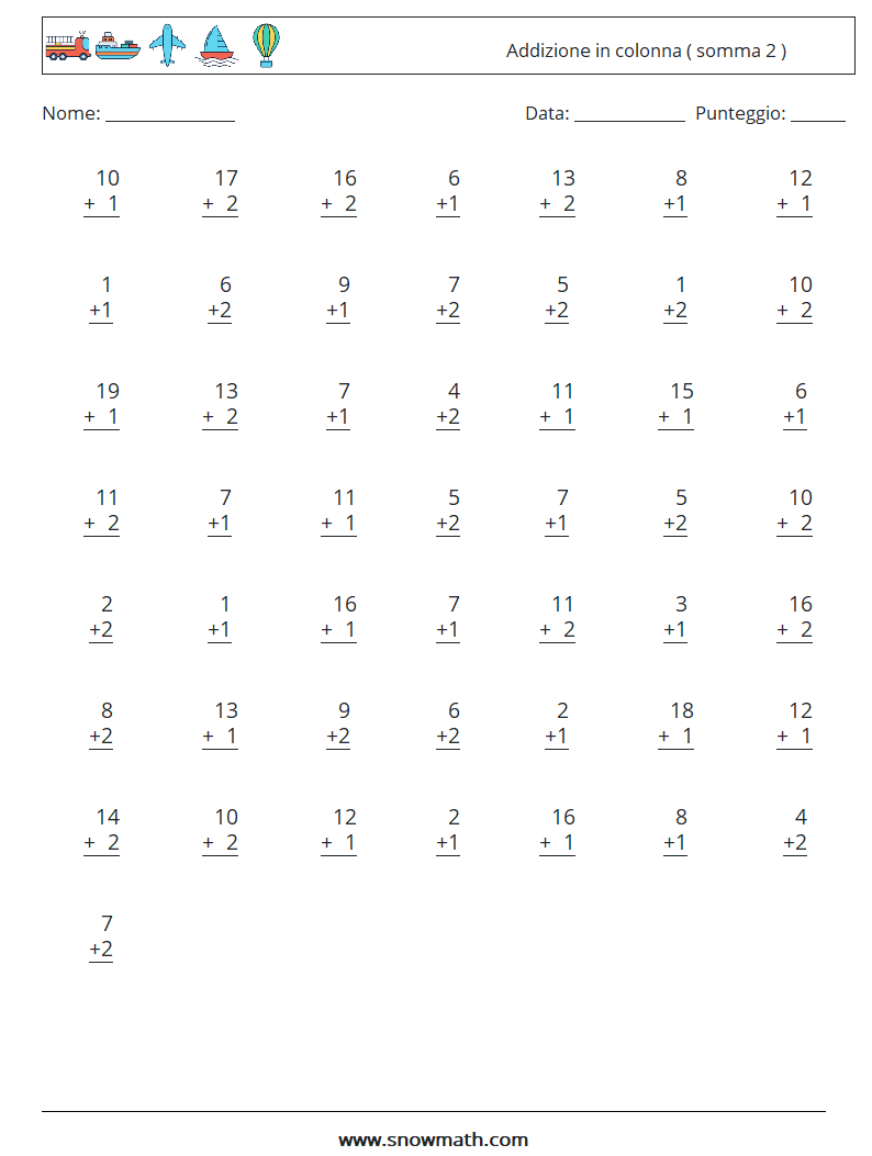 (50) Addizione in colonna ( somma 2 ) Fogli di lavoro di matematica 13