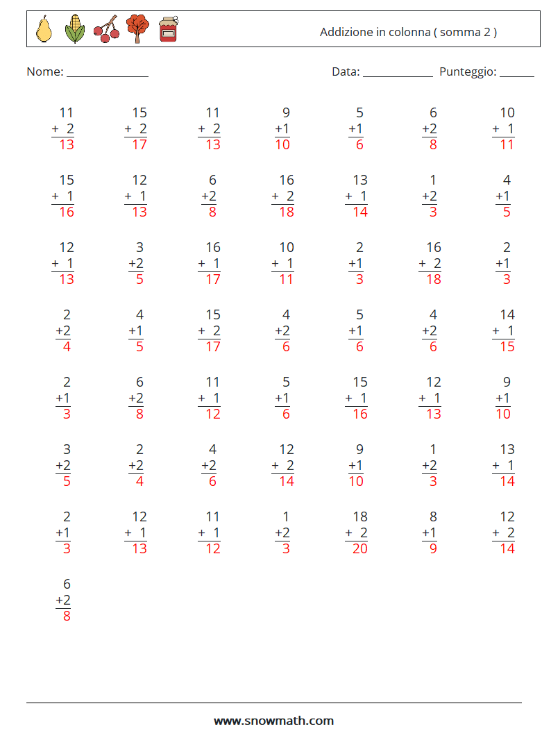 (50) Addizione in colonna ( somma 2 ) Fogli di lavoro di matematica 14 Domanda, Risposta