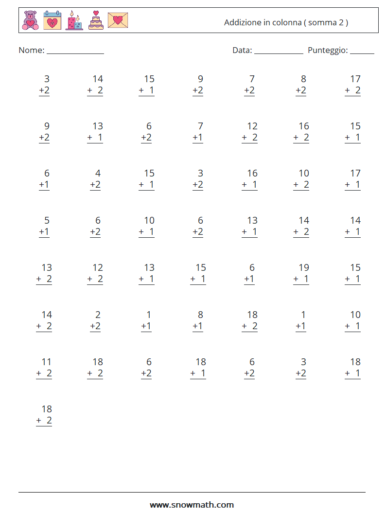 (50) Addizione in colonna ( somma 2 ) Fogli di lavoro di matematica 3