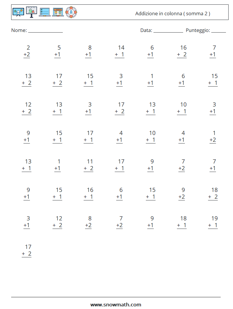 (50) Addizione in colonna ( somma 2 ) Fogli di lavoro di matematica 5