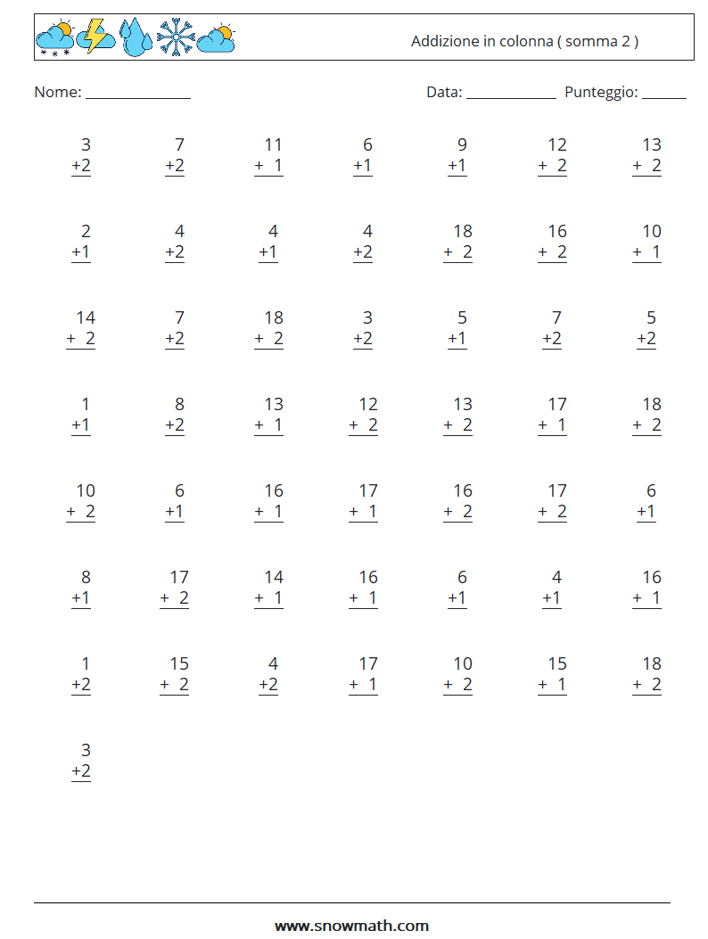 (50) Addizione in colonna ( somma 2 ) Fogli di lavoro di matematica 8