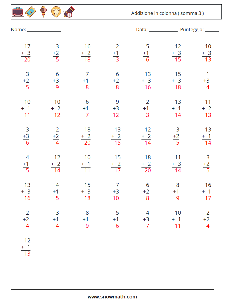 (50) Addizione in colonna ( somma 3 ) Fogli di lavoro di matematica 11 Domanda, Risposta