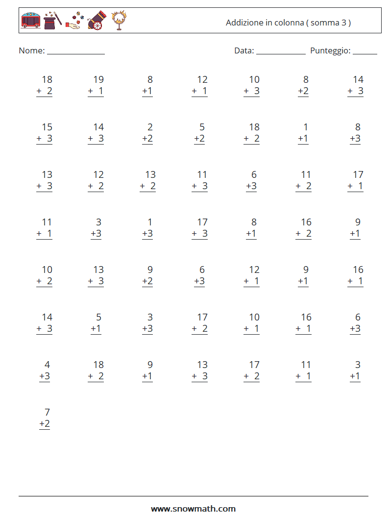 (50) Addizione in colonna ( somma 3 ) Fogli di lavoro di matematica 12