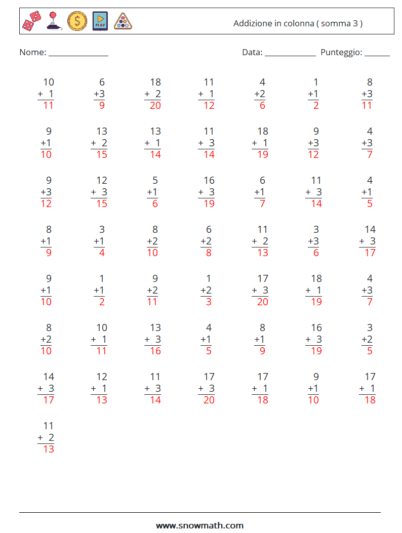 (50) Addizione in colonna ( somma 3 ) Fogli di lavoro di matematica 13 Domanda, Risposta