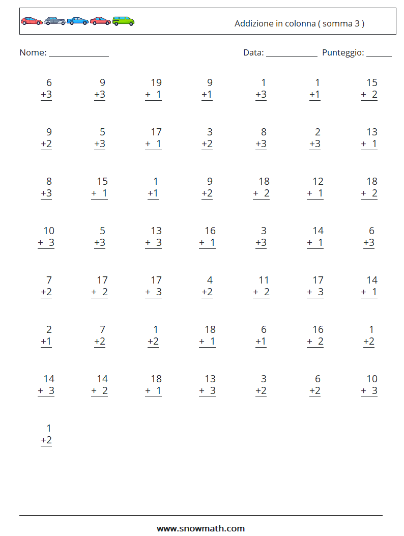(50) Addizione in colonna ( somma 3 ) Fogli di lavoro di matematica 15