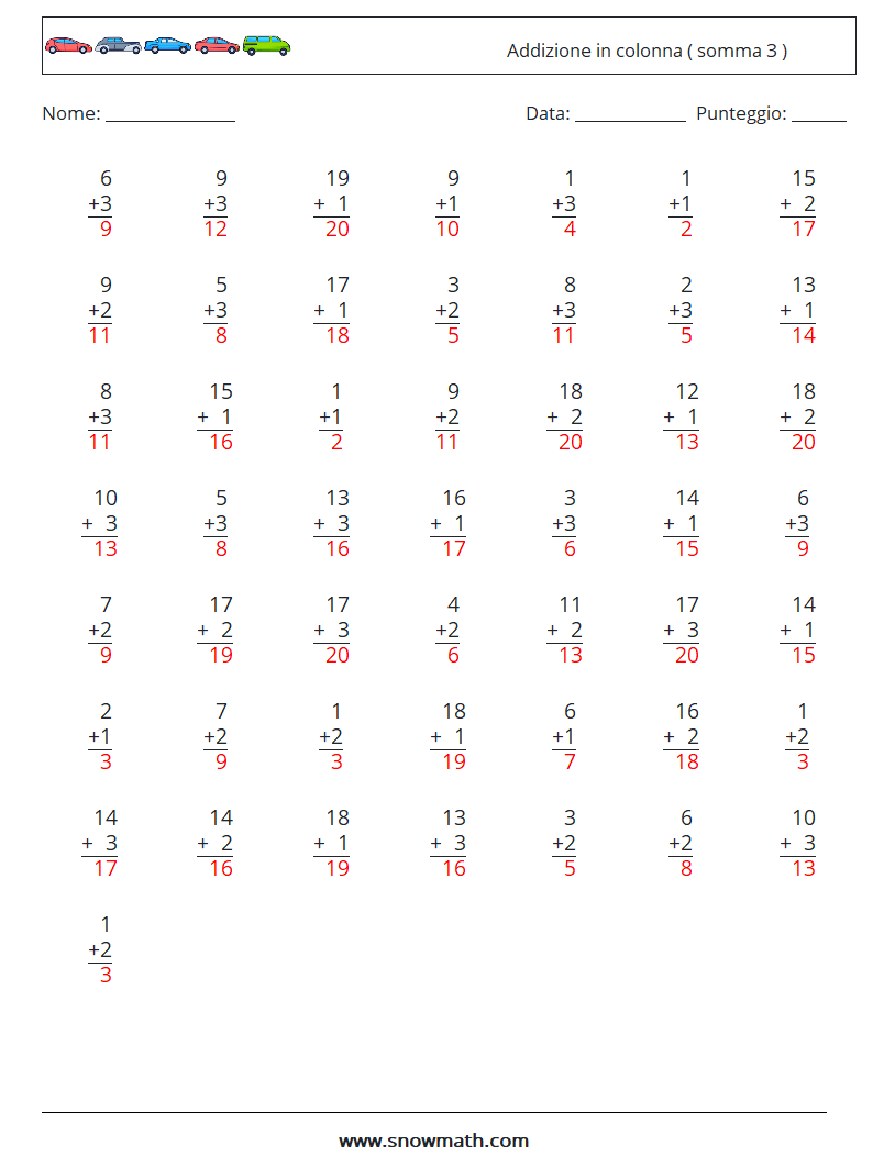 (50) Addizione in colonna ( somma 3 ) Fogli di lavoro di matematica 15 Domanda, Risposta