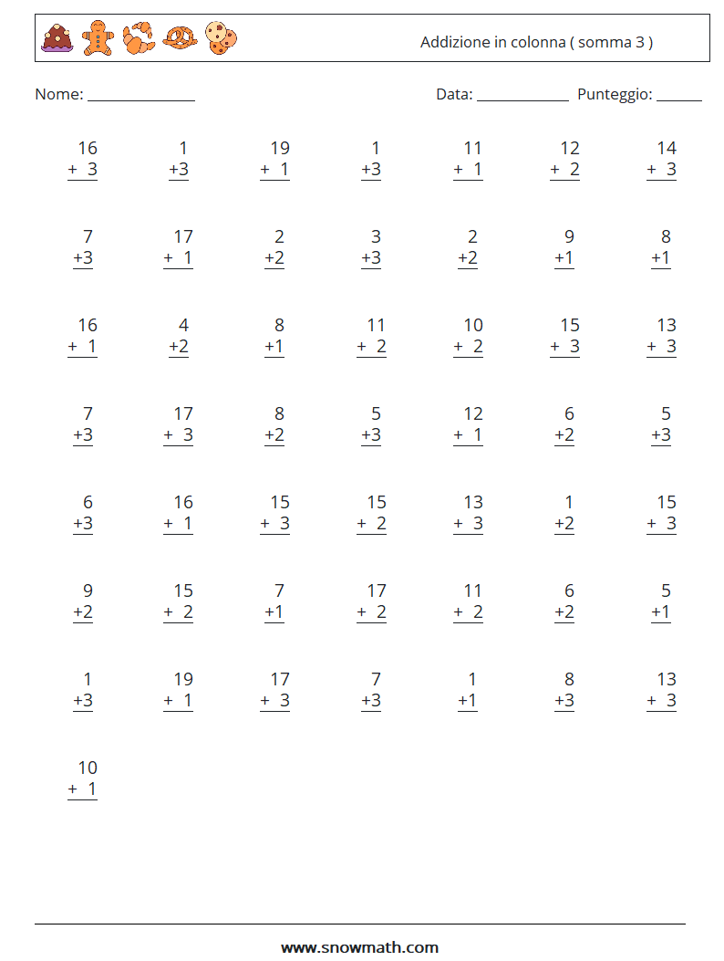 (50) Addizione in colonna ( somma 3 ) Fogli di lavoro di matematica 18