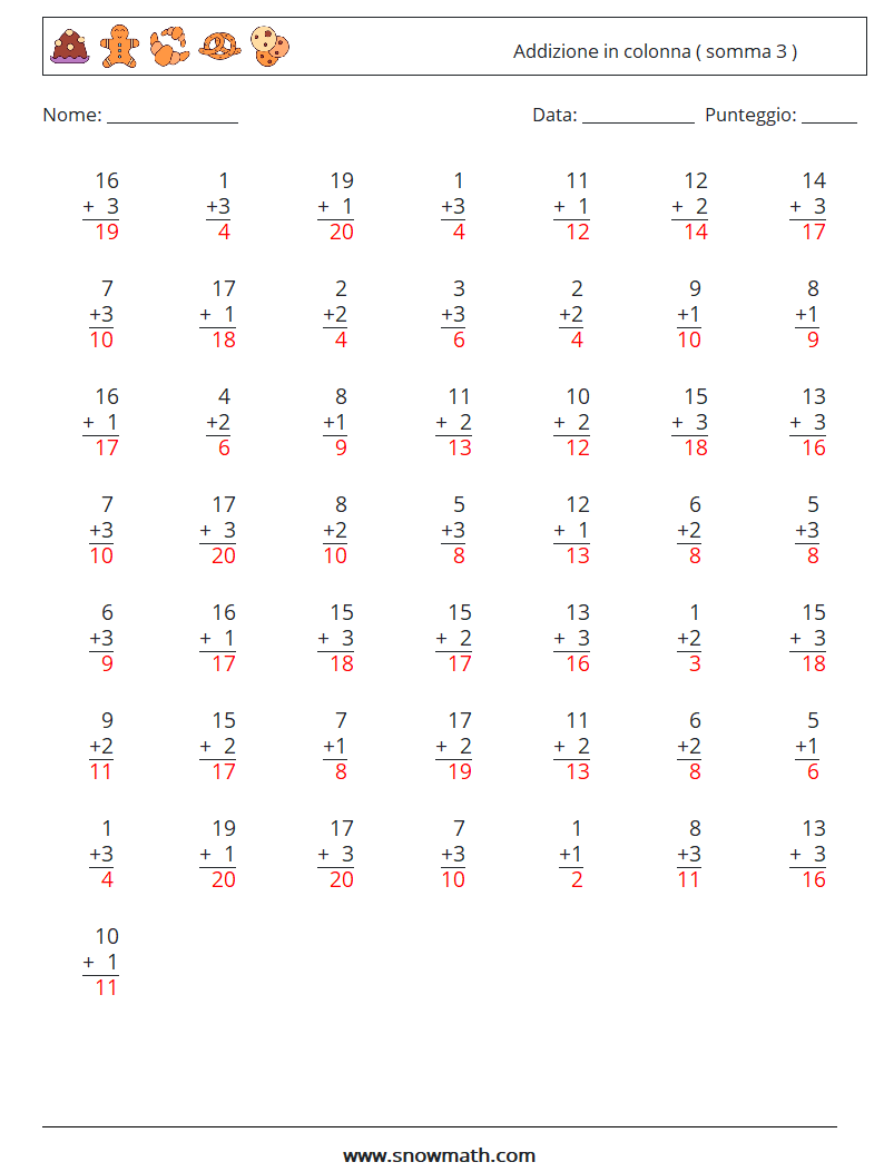 (50) Addizione in colonna ( somma 3 ) Fogli di lavoro di matematica 18 Domanda, Risposta