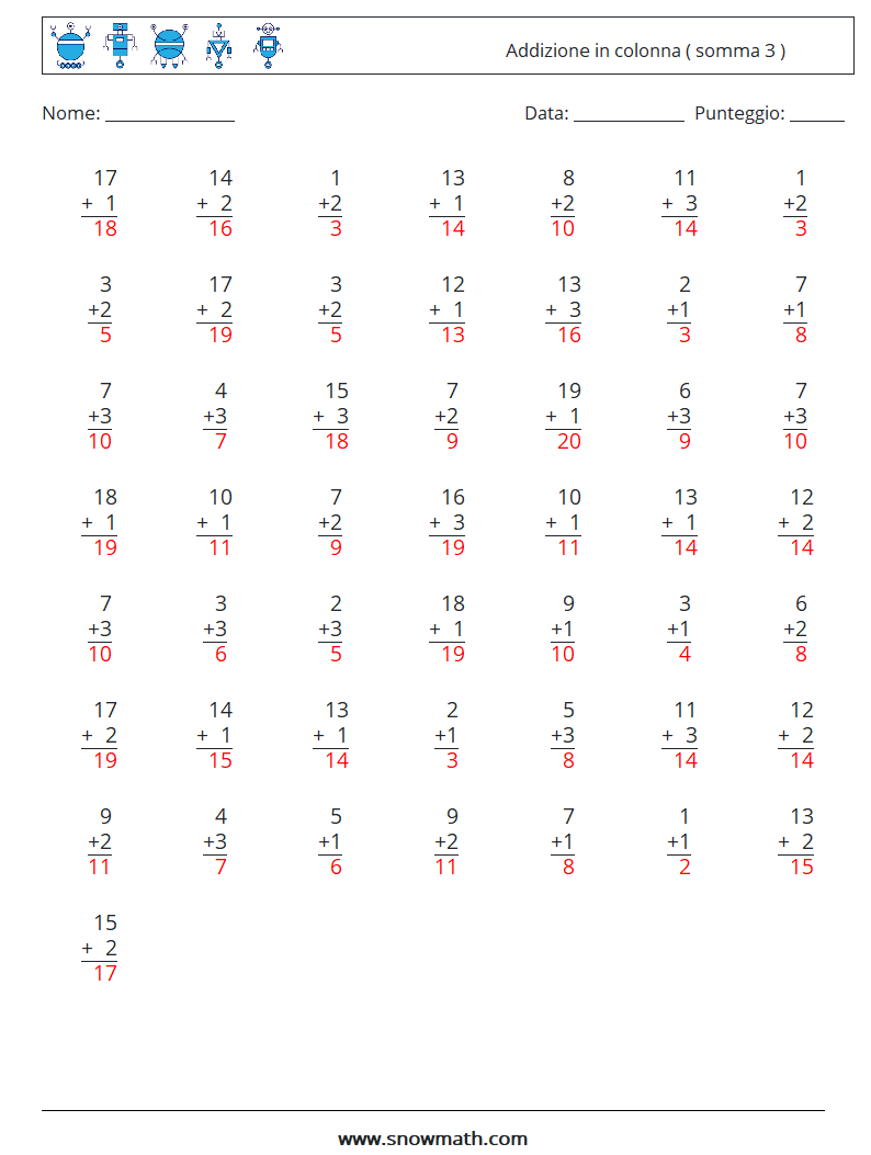 (50) Addizione in colonna ( somma 3 ) Fogli di lavoro di matematica 1 Domanda, Risposta