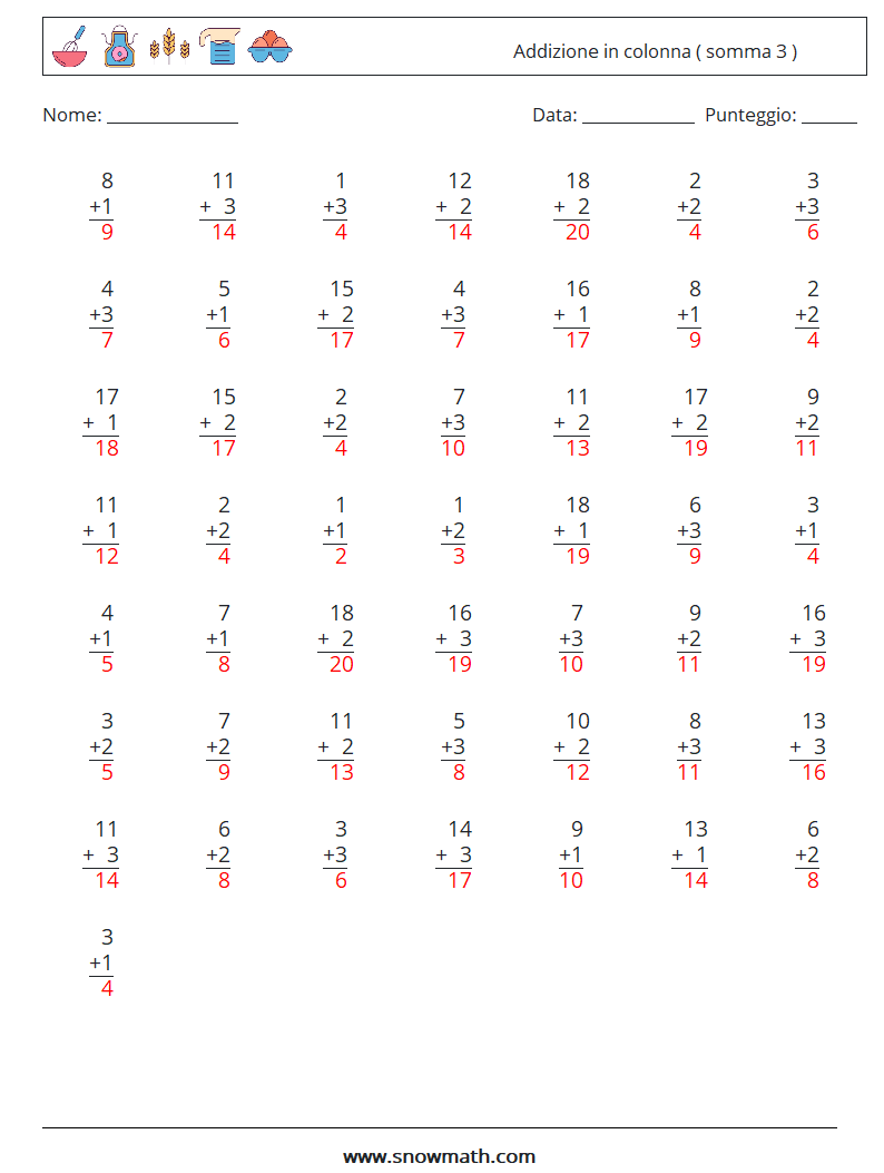 (50) Addizione in colonna ( somma 3 ) Fogli di lavoro di matematica 2 Domanda, Risposta