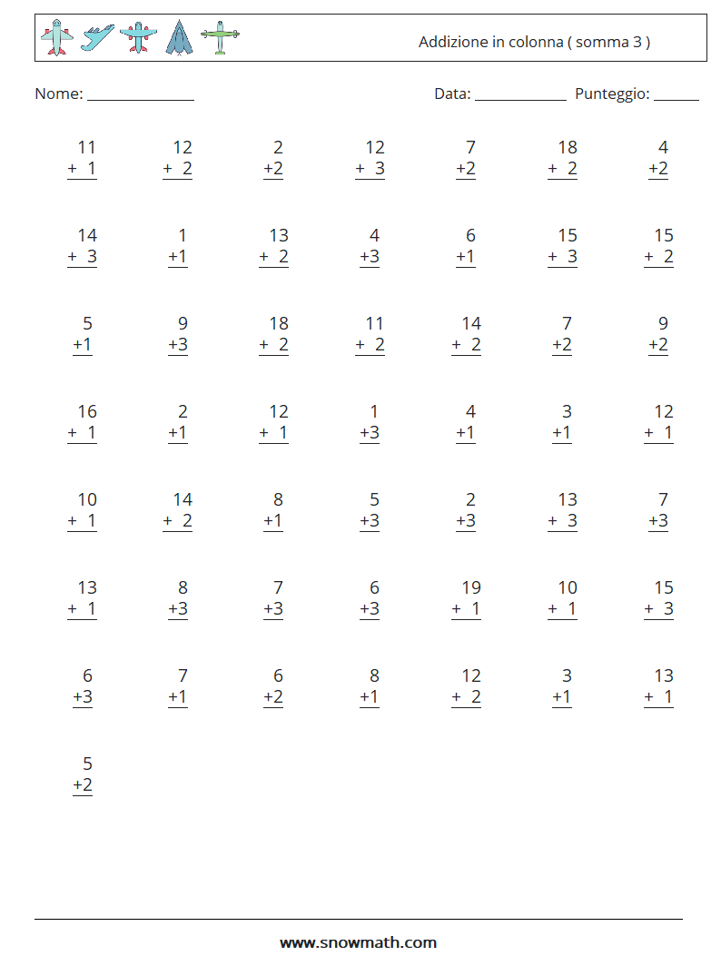 (50) Addizione in colonna ( somma 3 ) Fogli di lavoro di matematica 3