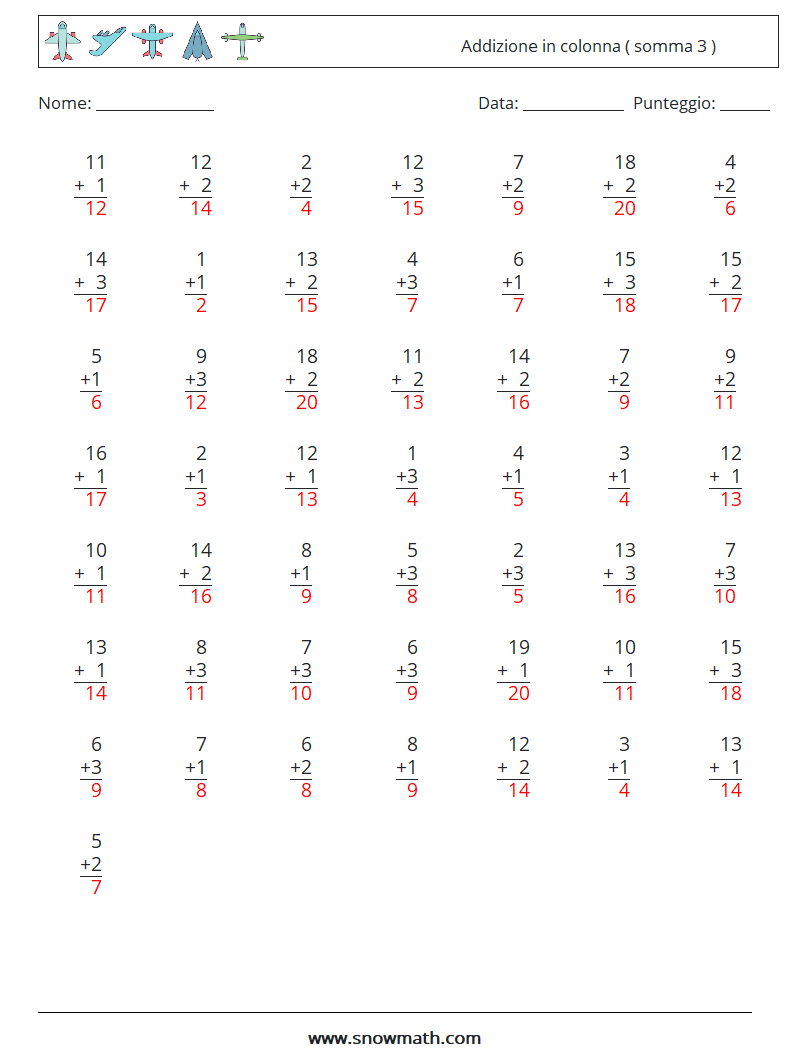 (50) Addizione in colonna ( somma 3 ) Fogli di lavoro di matematica 3 Domanda, Risposta