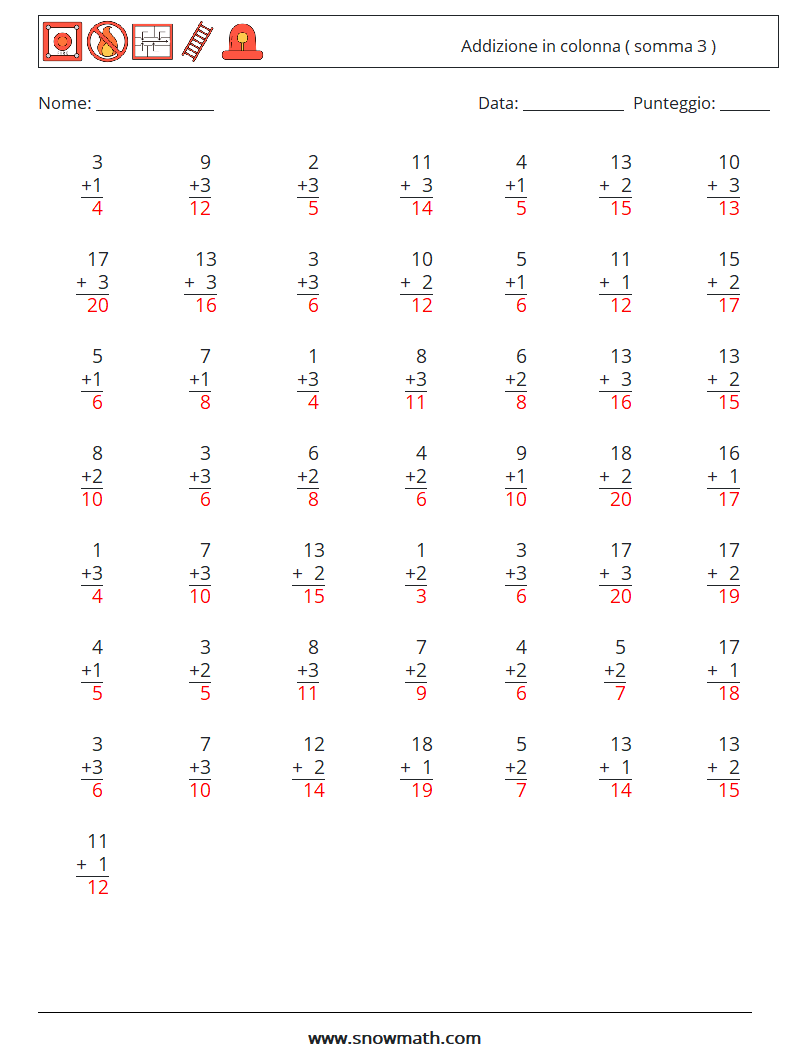 (50) Addizione in colonna ( somma 3 ) Fogli di lavoro di matematica 4 Domanda, Risposta