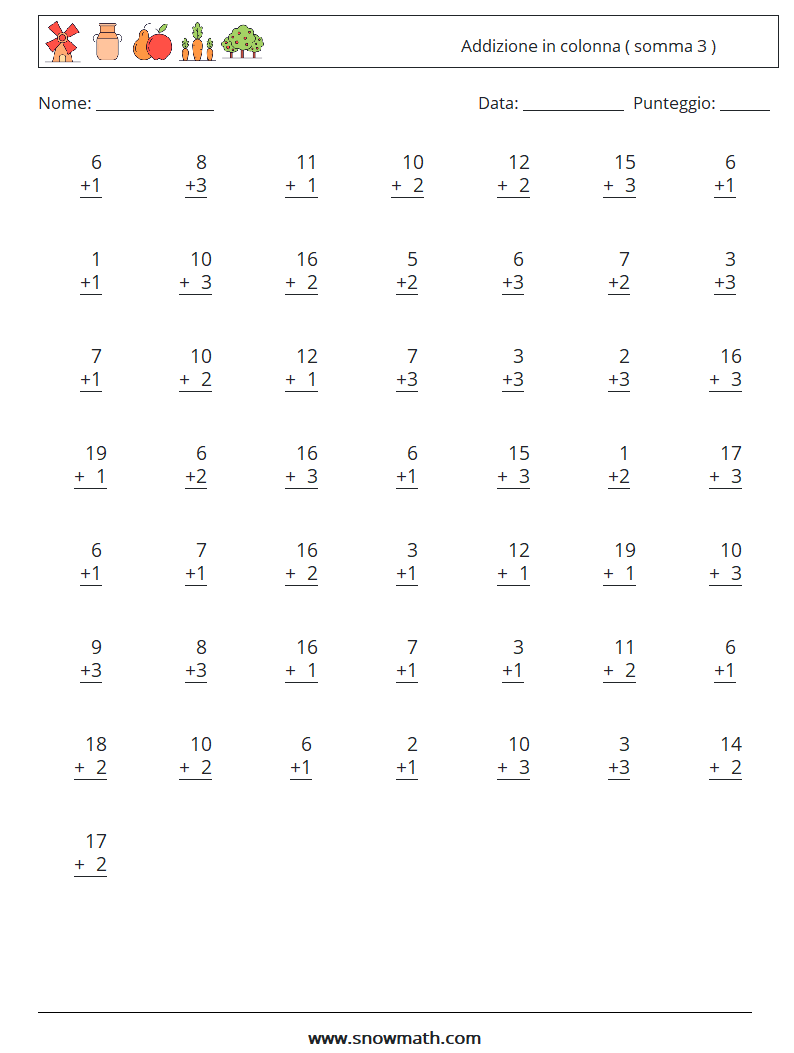 (50) Addizione in colonna ( somma 3 ) Fogli di lavoro di matematica 5