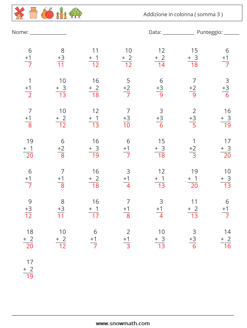 (50) Addizione in colonna ( somma 3 ) Fogli di lavoro di matematica 5 Domanda, Risposta