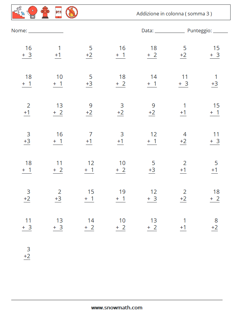 (50) Addizione in colonna ( somma 3 ) Fogli di lavoro di matematica 6
