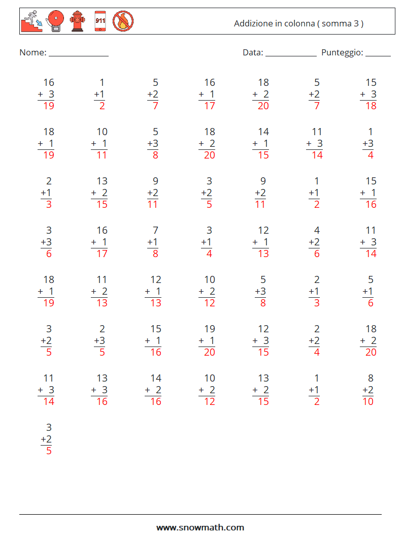 (50) Addizione in colonna ( somma 3 ) Fogli di lavoro di matematica 6 Domanda, Risposta