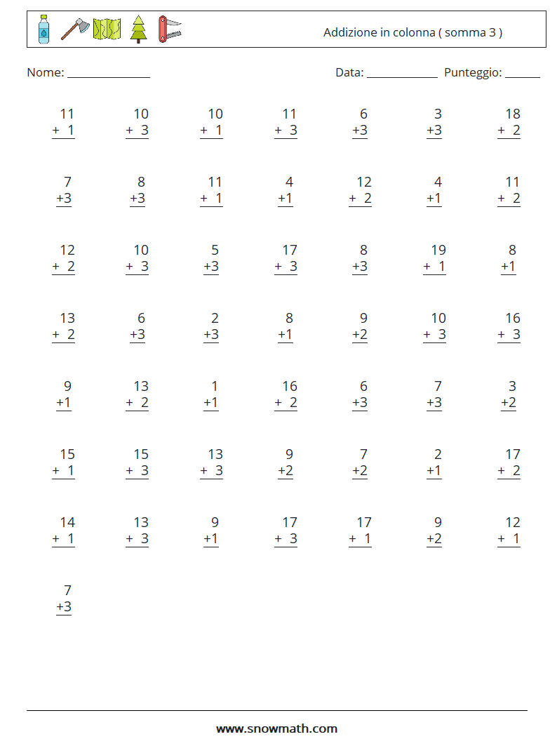 (50) Addizione in colonna ( somma 3 ) Fogli di lavoro di matematica 7