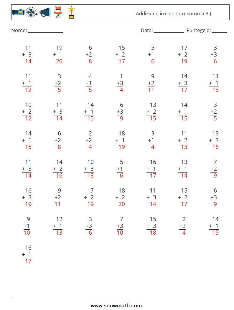 (50) Addizione in colonna ( somma 3 ) Fogli di lavoro di matematica 8 Domanda, Risposta