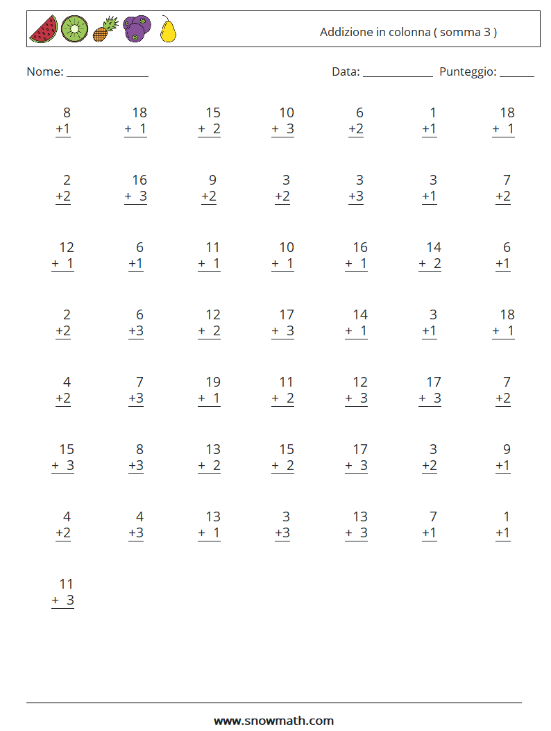 (50) Addizione in colonna ( somma 3 ) Fogli di lavoro di matematica 9