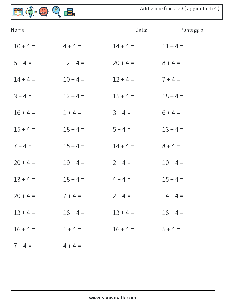 (50) Addizione fino a 20 ( aggiunta di 4 ) Fogli di lavoro di matematica 1