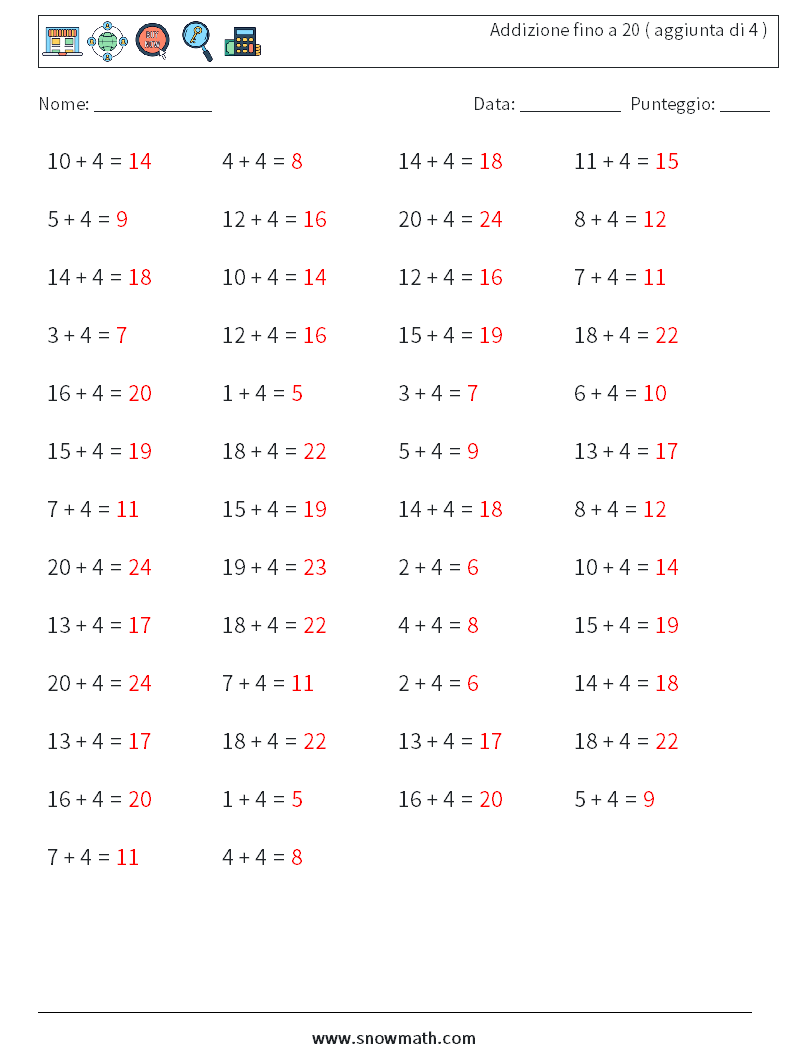 (50) Addizione fino a 20 ( aggiunta di 4 ) Fogli di lavoro di matematica 1 Domanda, Risposta