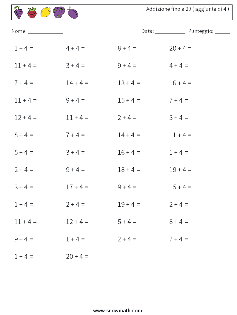 (50) Addizione fino a 20 ( aggiunta di 4 ) Fogli di lavoro di matematica 2