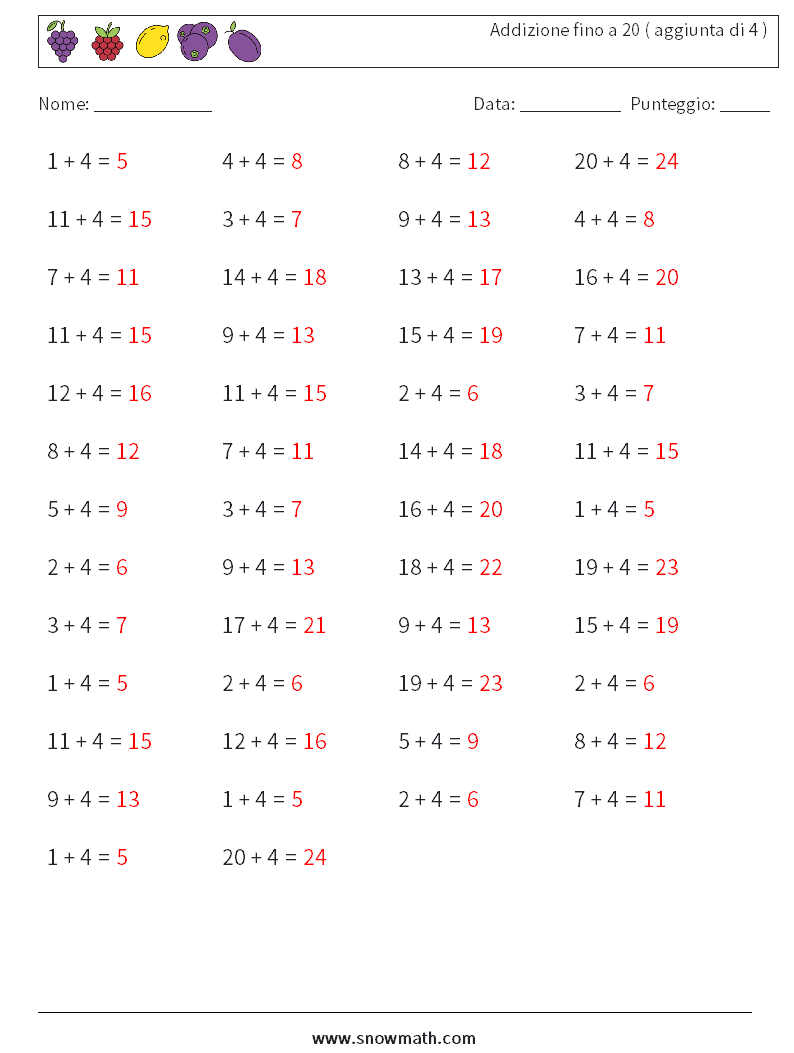 (50) Addizione fino a 20 ( aggiunta di 4 ) Fogli di lavoro di matematica 2 Domanda, Risposta