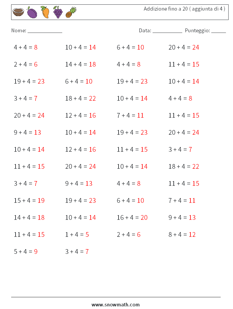 (50) Addizione fino a 20 ( aggiunta di 4 ) Fogli di lavoro di matematica 3 Domanda, Risposta