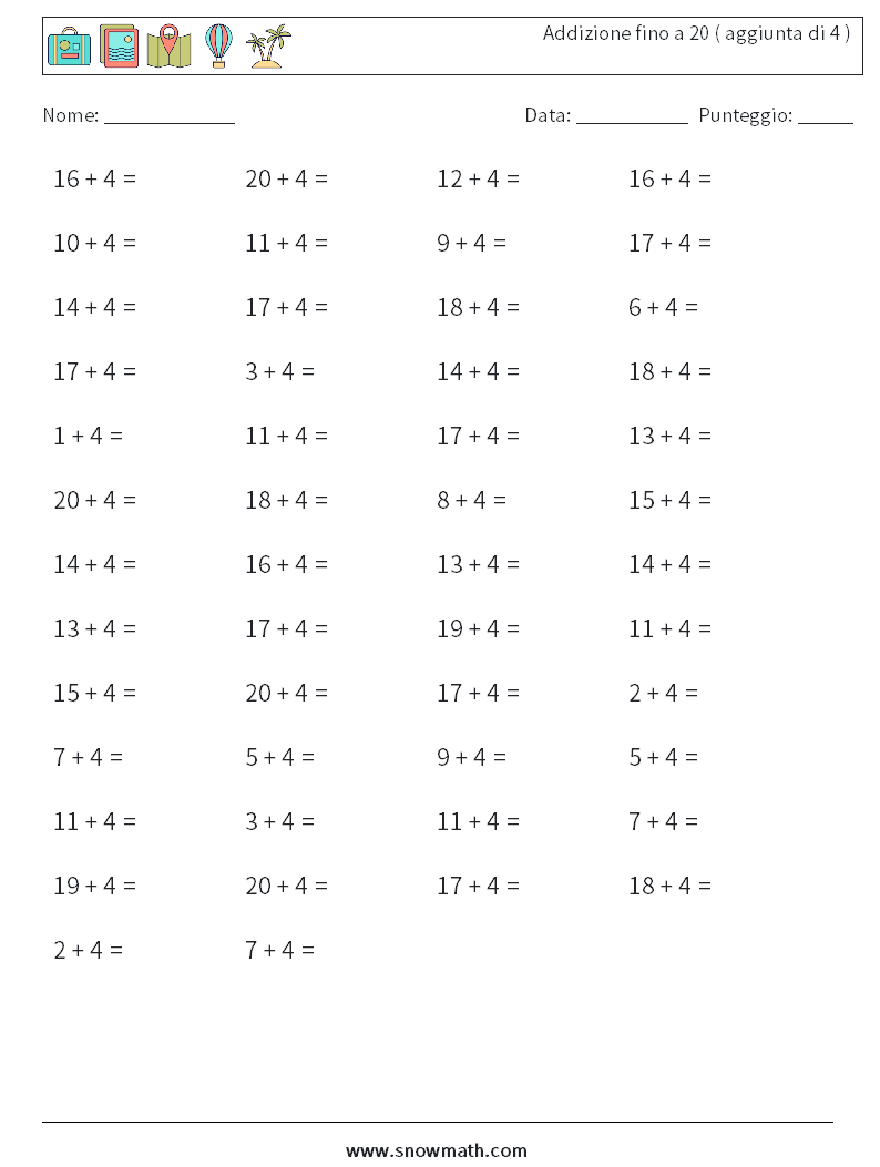 (50) Addizione fino a 20 ( aggiunta di 4 ) Fogli di lavoro di matematica 4