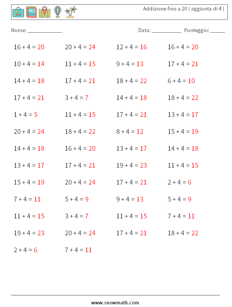 (50) Addizione fino a 20 ( aggiunta di 4 ) Fogli di lavoro di matematica 4 Domanda, Risposta