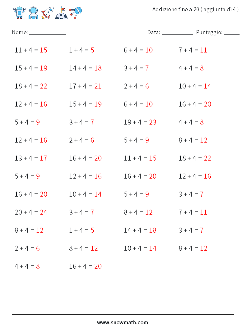 (50) Addizione fino a 20 ( aggiunta di 4 ) Fogli di lavoro di matematica 5 Domanda, Risposta
