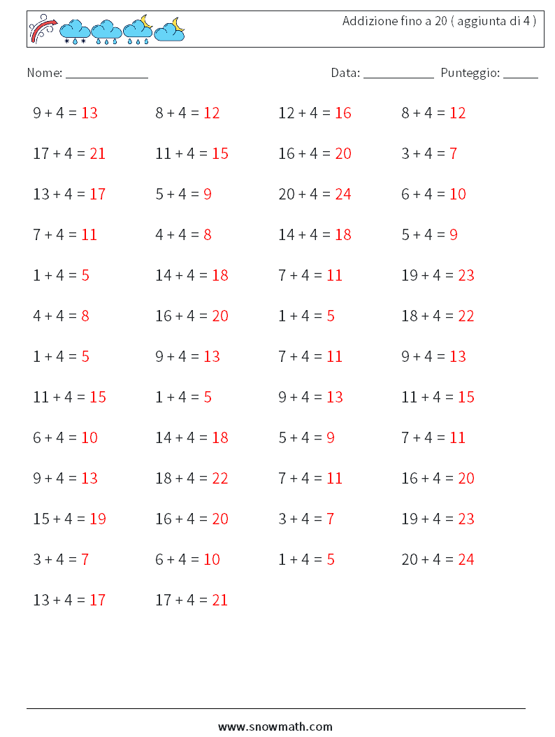 (50) Addizione fino a 20 ( aggiunta di 4 ) Fogli di lavoro di matematica 6 Domanda, Risposta