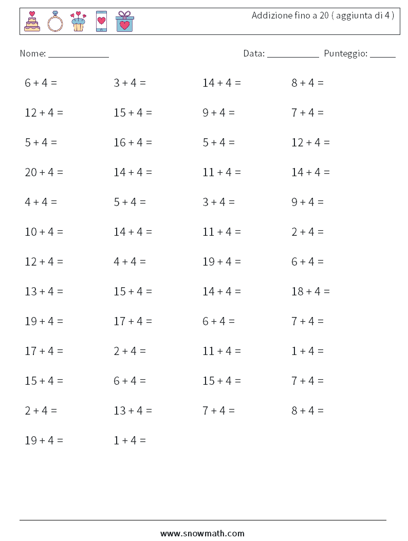 (50) Addizione fino a 20 ( aggiunta di 4 ) Fogli di lavoro di matematica 7