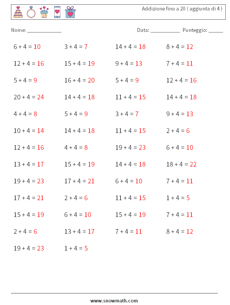 (50) Addizione fino a 20 ( aggiunta di 4 ) Fogli di lavoro di matematica 7 Domanda, Risposta