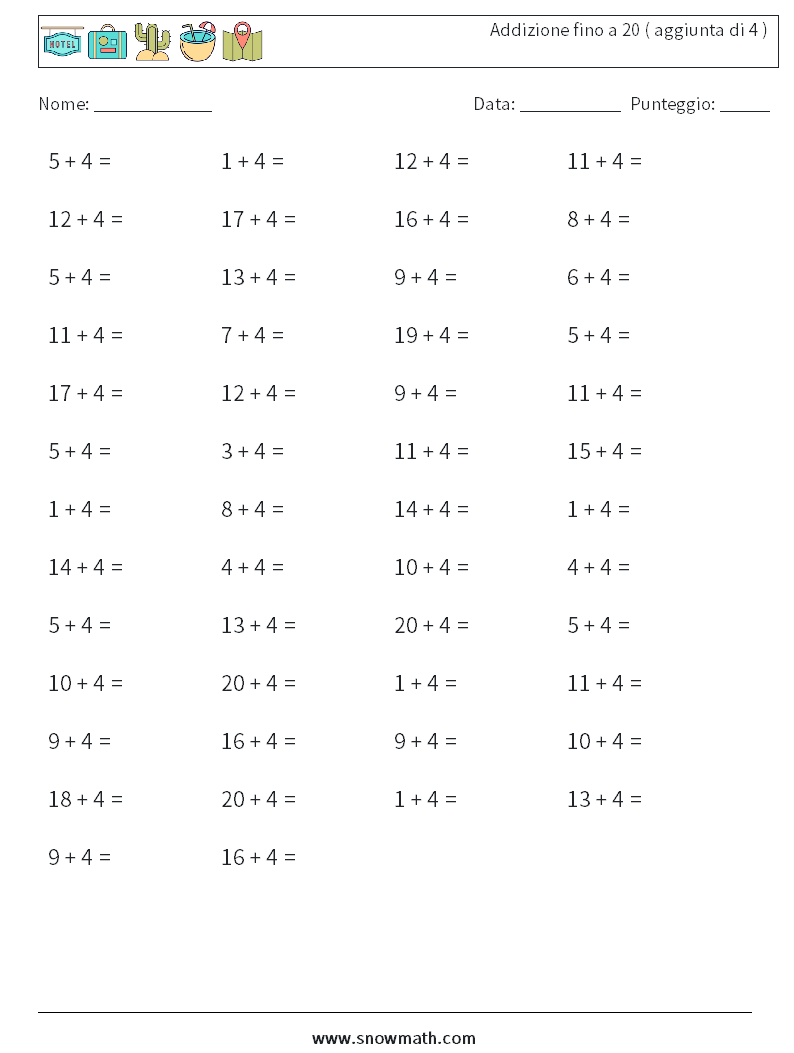 (50) Addizione fino a 20 ( aggiunta di 4 ) Fogli di lavoro di matematica 8