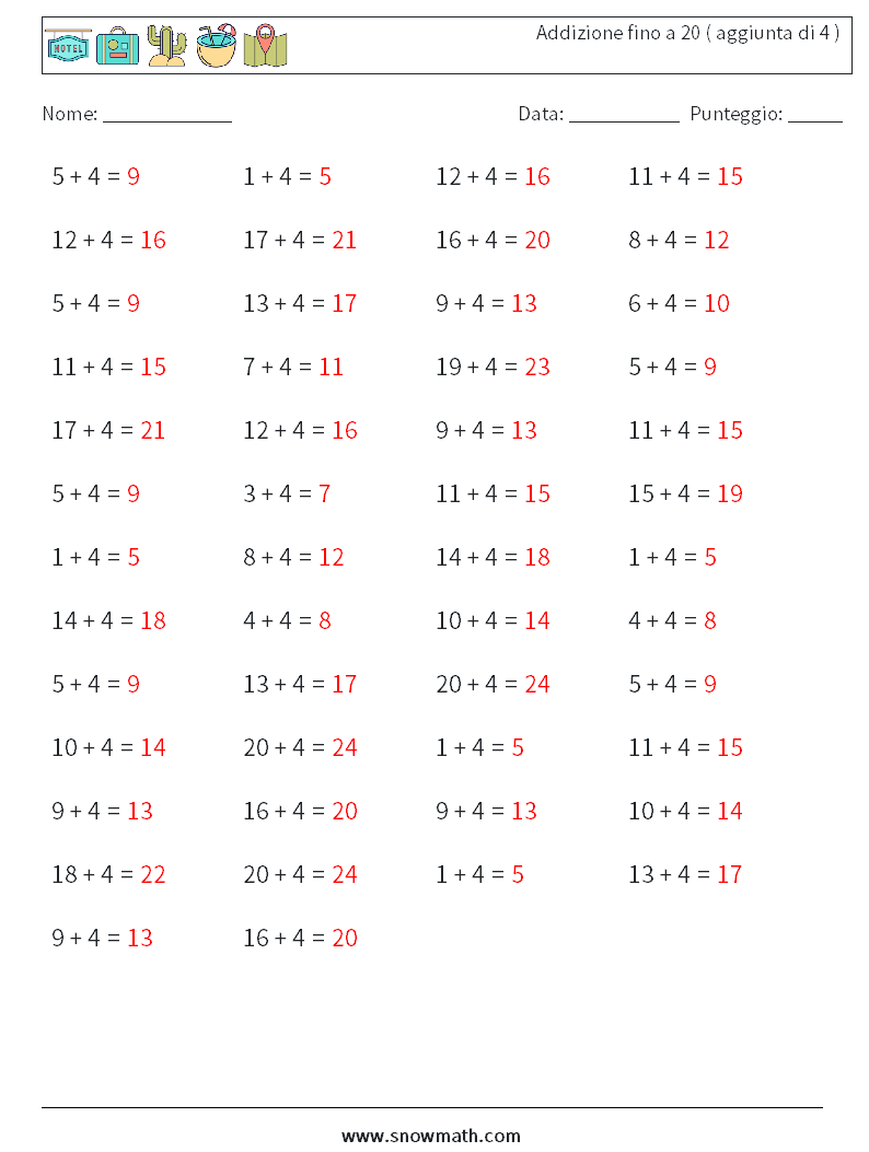 (50) Addizione fino a 20 ( aggiunta di 4 ) Fogli di lavoro di matematica 8 Domanda, Risposta