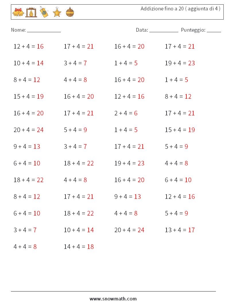 (50) Addizione fino a 20 ( aggiunta di 4 ) Fogli di lavoro di matematica 9 Domanda, Risposta