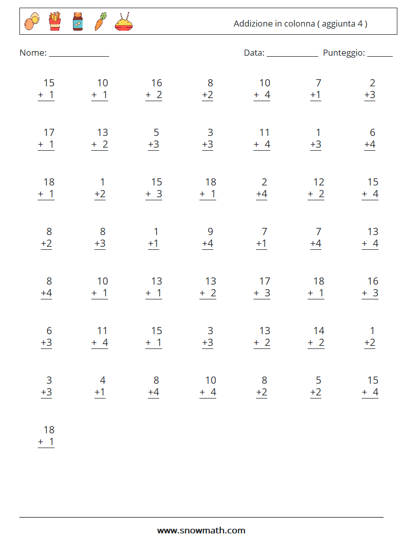 (50) Addizione in colonna ( aggiunta 4 ) Fogli di lavoro di matematica 1