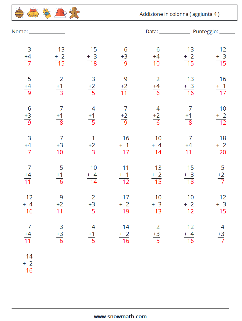 (50) Addizione in colonna ( aggiunta 4 ) Fogli di lavoro di matematica 10 Domanda, Risposta