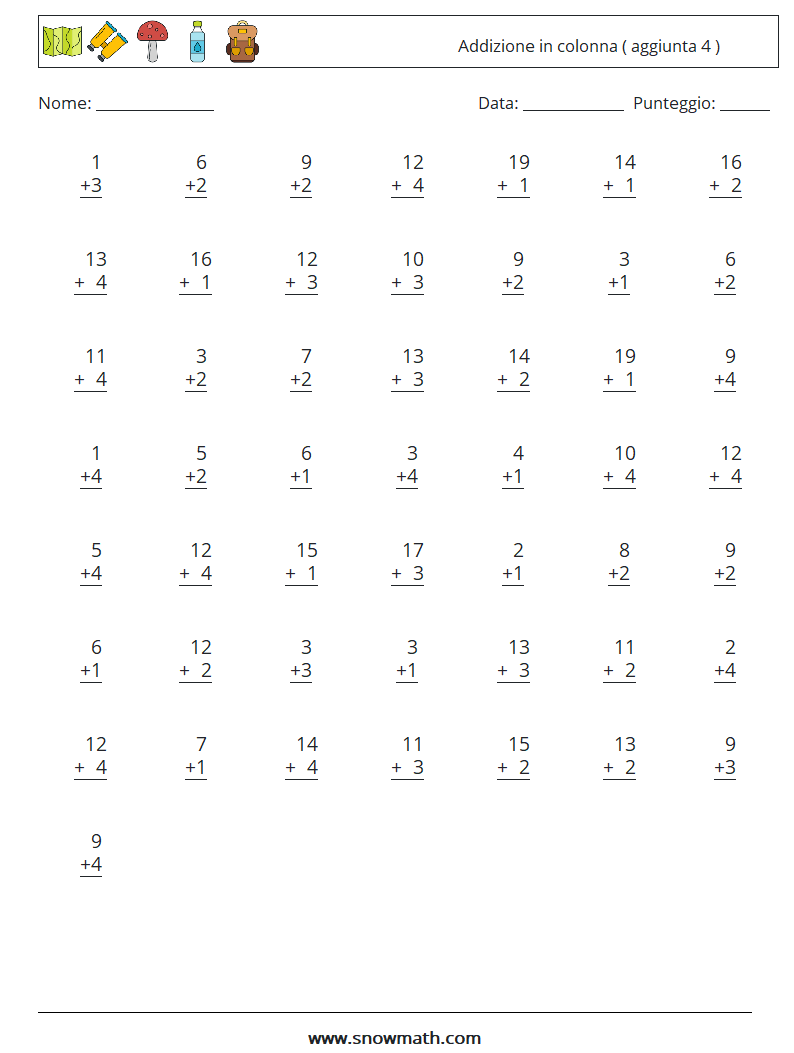 (50) Addizione in colonna ( aggiunta 4 ) Fogli di lavoro di matematica 11