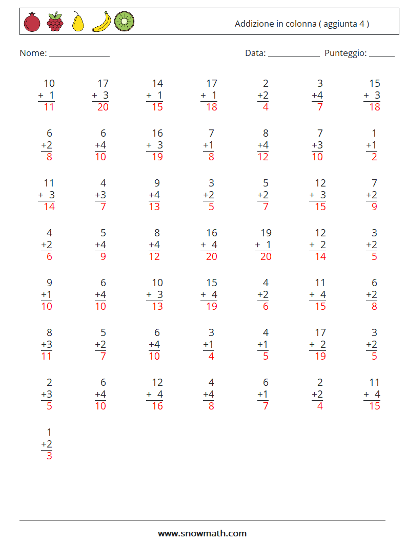 (50) Addizione in colonna ( aggiunta 4 ) Fogli di lavoro di matematica 13 Domanda, Risposta