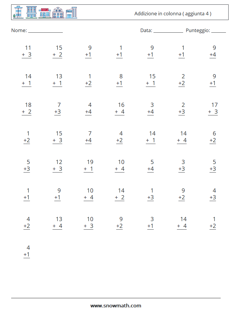 (50) Addizione in colonna ( aggiunta 4 ) Fogli di lavoro di matematica 14